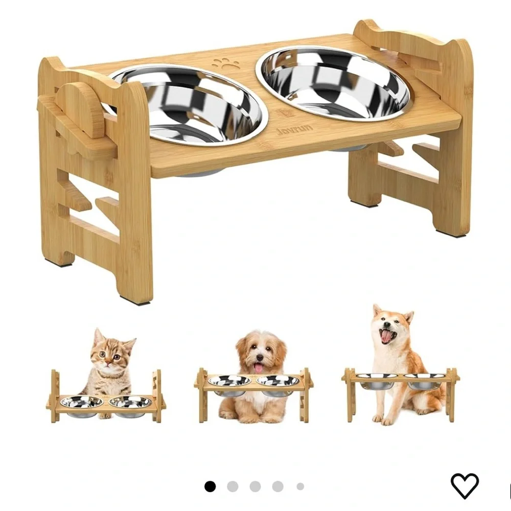 NEW Bamboo Adjustable Raised feeder with 2 Stainless Steel Bowls for Dog & cats